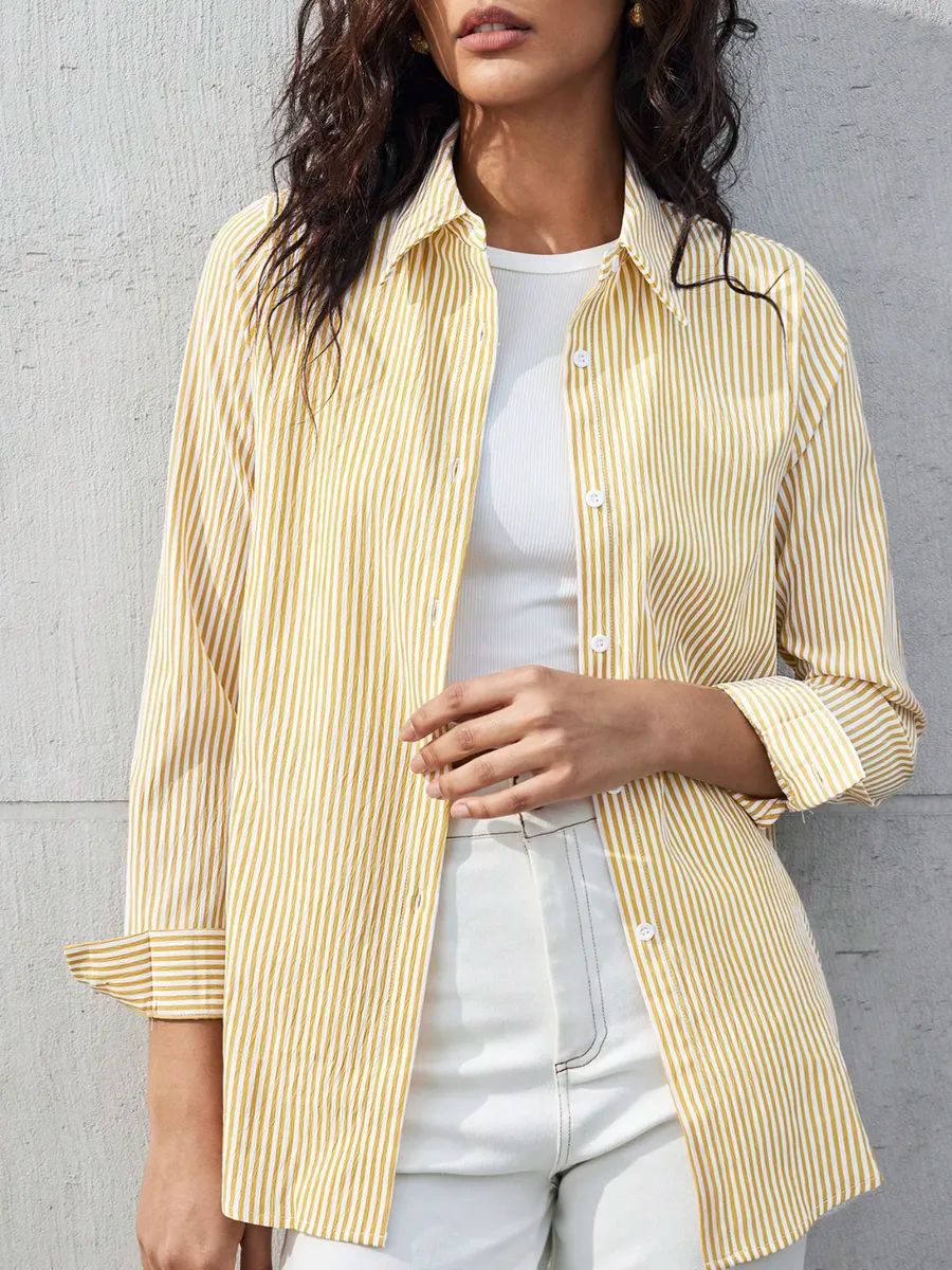 Womens Striped Blouse with Bell Sleeves & Lace Trim