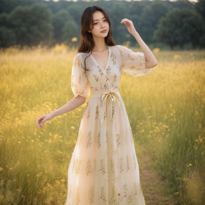 French-style Bohemian Yellow Floral Puff-sleeve Dress