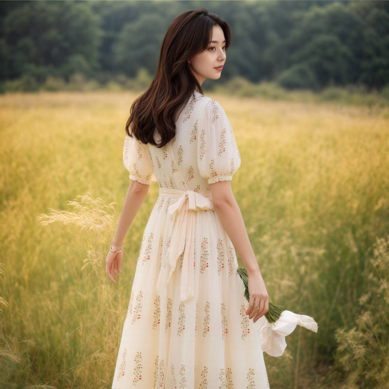 French-style Bohemian Yellow Floral Puff-sleeve Dress