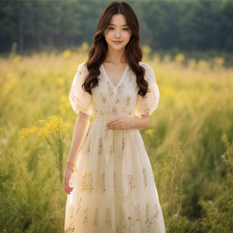 French-style Bohemian Yellow Floral Puff-sleeve Dress