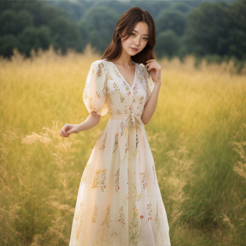 French-style Bohemian Yellow Floral Puff-sleeve Dress