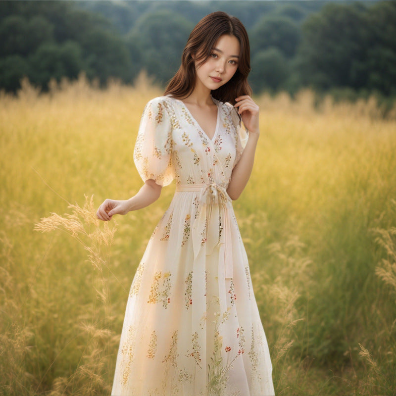 French-style Bohemian Yellow Floral Puff-sleeve Dress