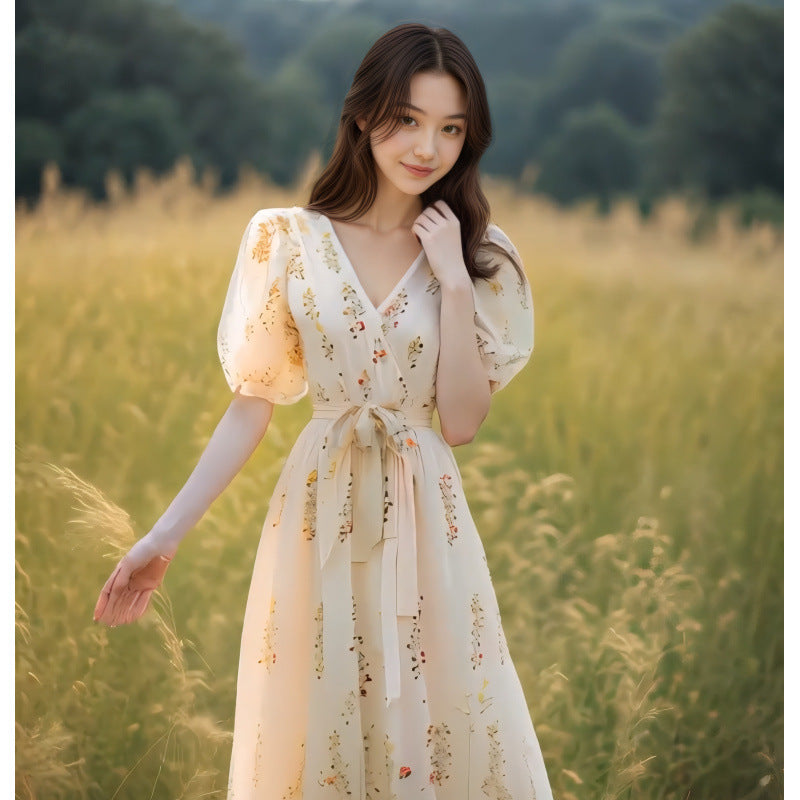 French-style Bohemian Yellow Floral Puff-sleeve Dress