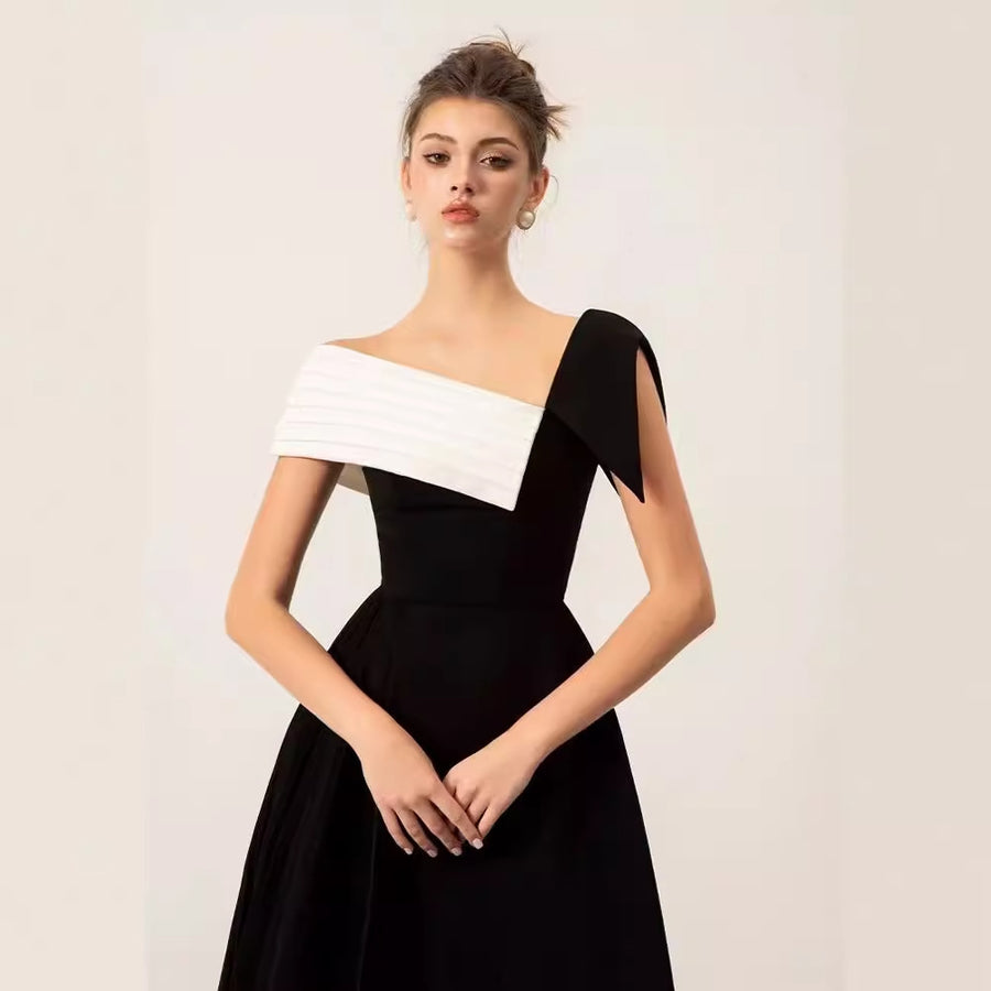 Spring Summer Waist-cinching Off-shoulder Dress for Ladies