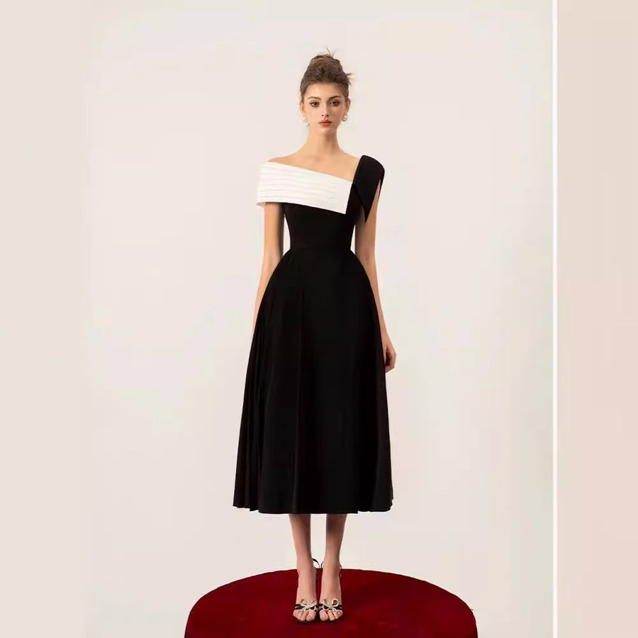 Spring Summer Waist-cinching Off-shoulder Dress for Ladies
