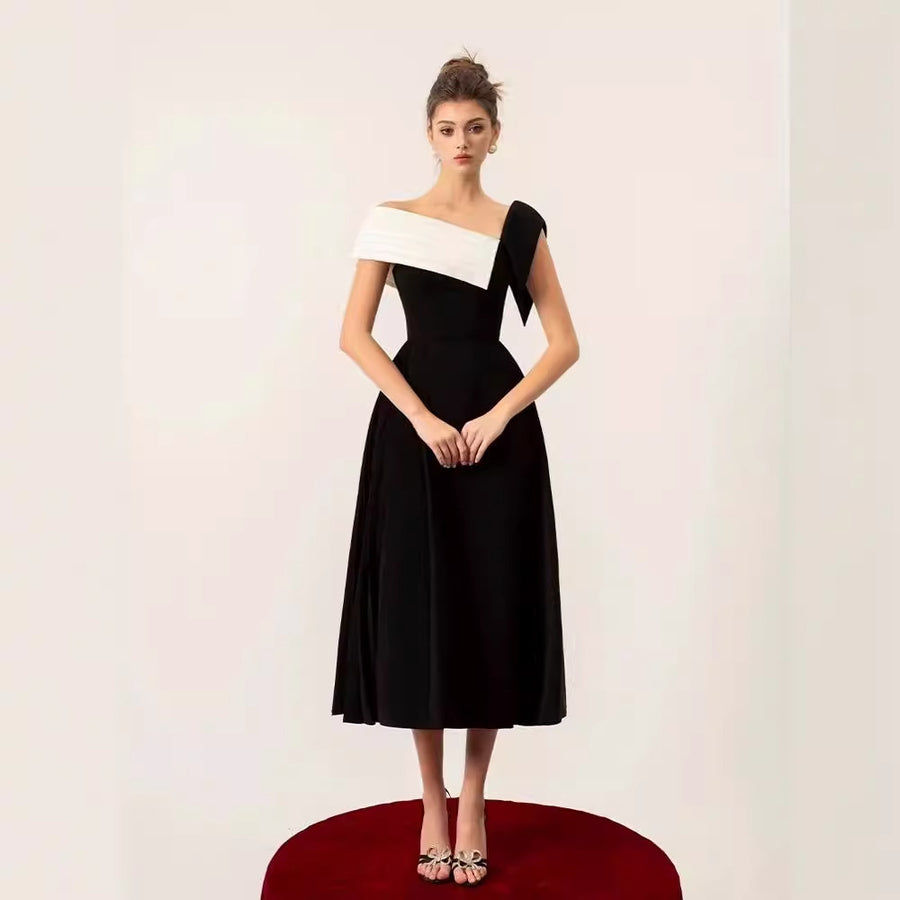 Spring Summer Waist-cinching Off-shoulder Dress for Ladies