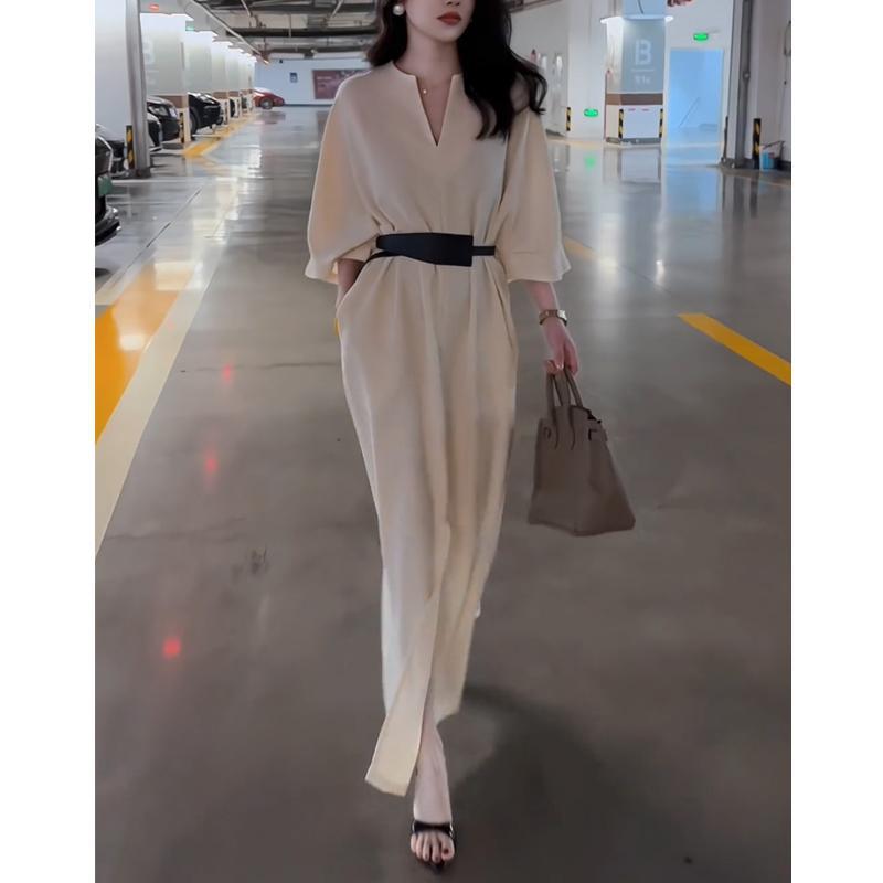 Elegant V-neck Mid-sleeve Dress for Women - French Style