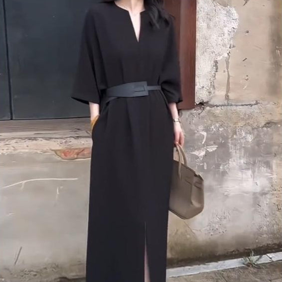Elegant V-neck Mid-sleeve Dress for Women - French Style
