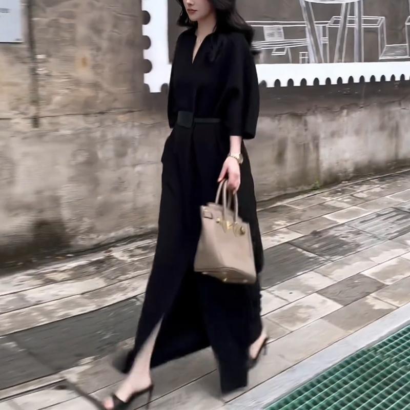 Elegant V-neck Mid-sleeve Dress for Women - French Style