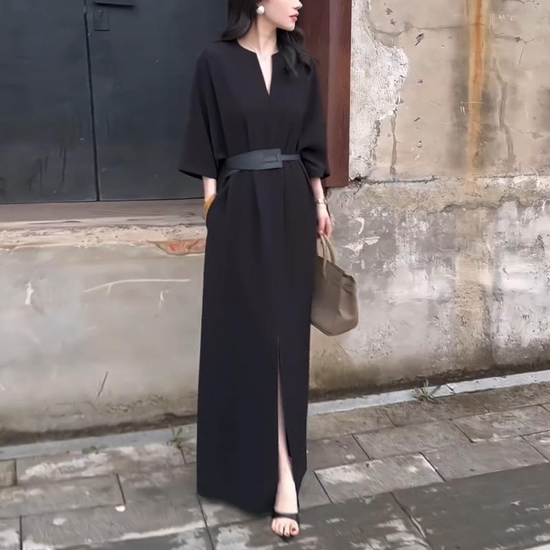 Elegant V-neck Mid-sleeve Dress for Women - French Style