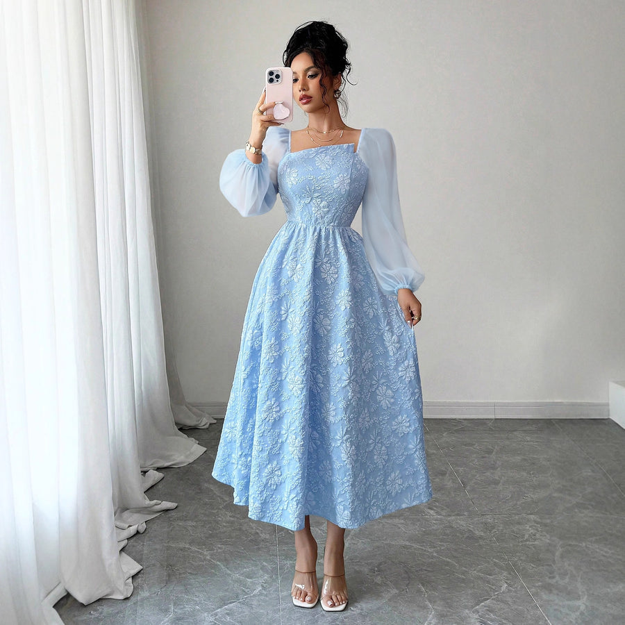 Womens Chiffon High-waisted Square-neck Dress for Elegance
