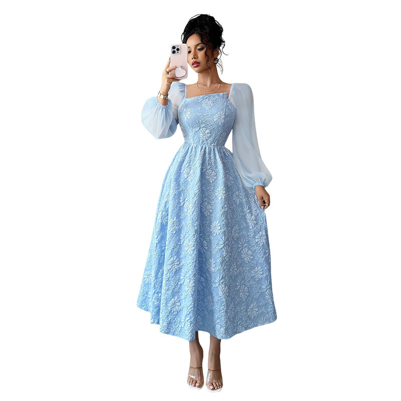 Womens Chiffon High-waisted Square-neck Dress for Elegance