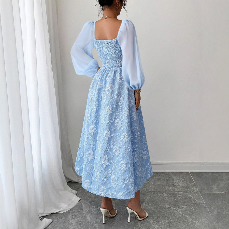 Womens Chiffon High-waisted Square-neck Dress for Elegance