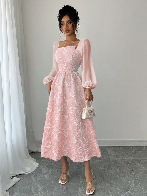 Womens Chiffon High-waisted Square-neck Dress for Elegance