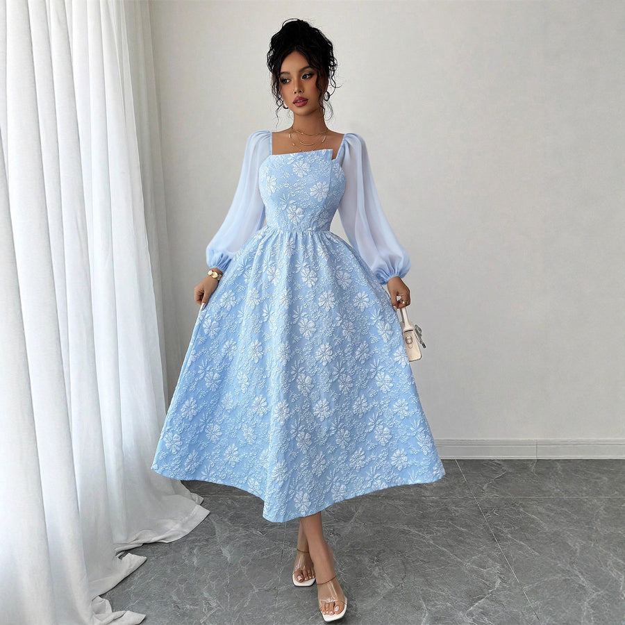 Womens Chiffon High-waisted Square-neck Dress for Elegance