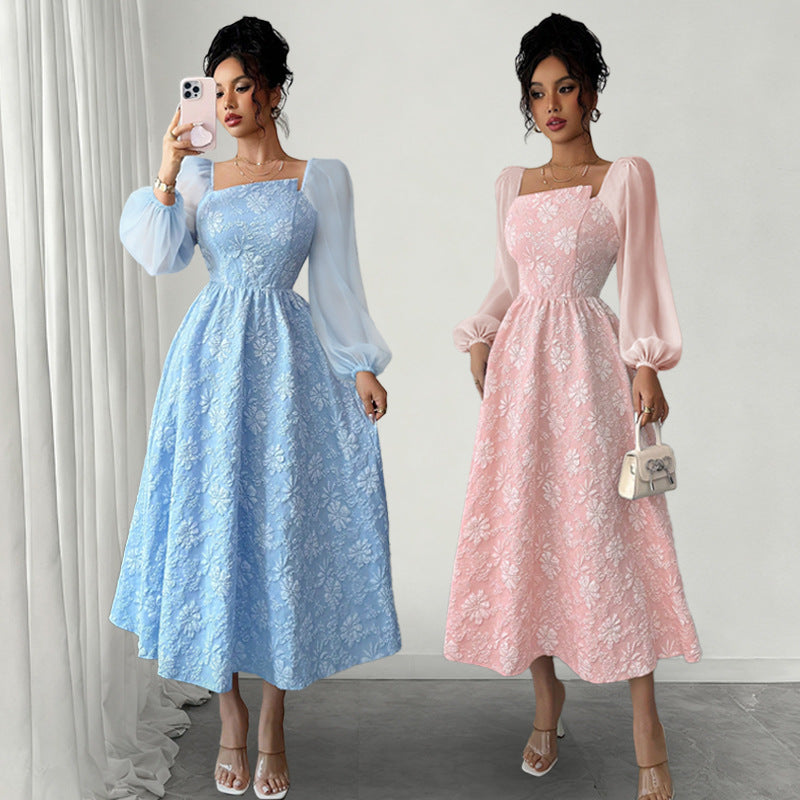 Womens Chiffon High-waisted Square-neck Dress for Elegance