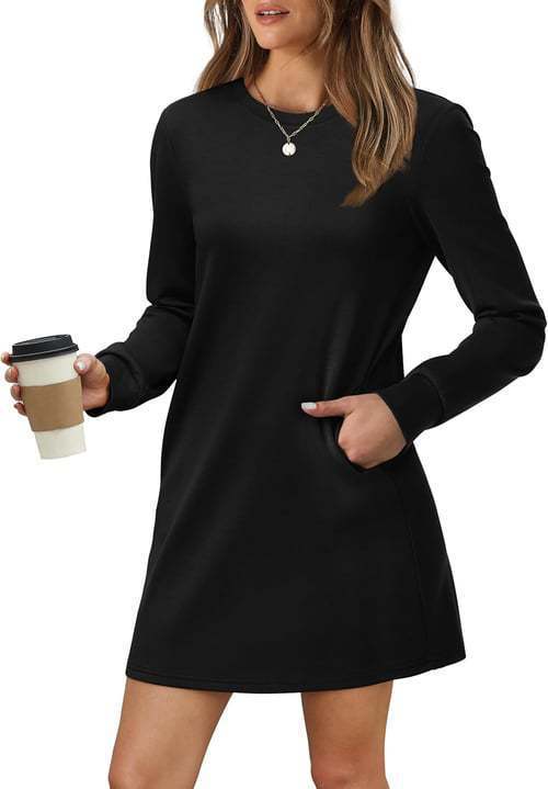Round-neck Back-pleated Pocket Long-sleeve Hoodie Dress
