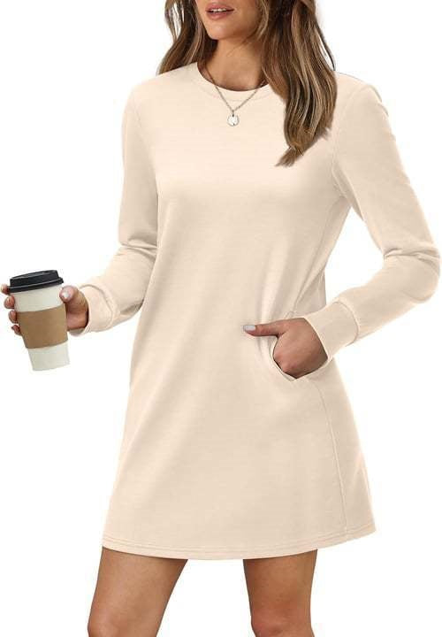 Round-neck Back-pleated Pocket Long-sleeve Hoodie Dress