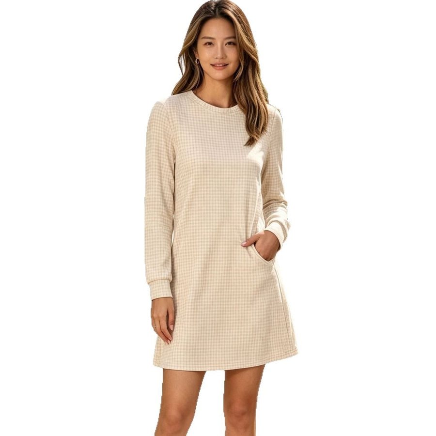 Round-neck Back-pleated Pocket Long-sleeve Hoodie Dress