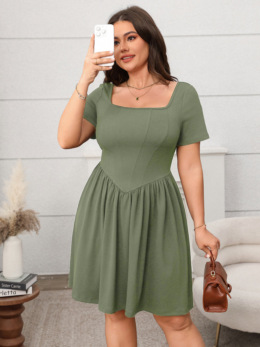 Womens Short-sleeve Square-neck Solid-color Dress