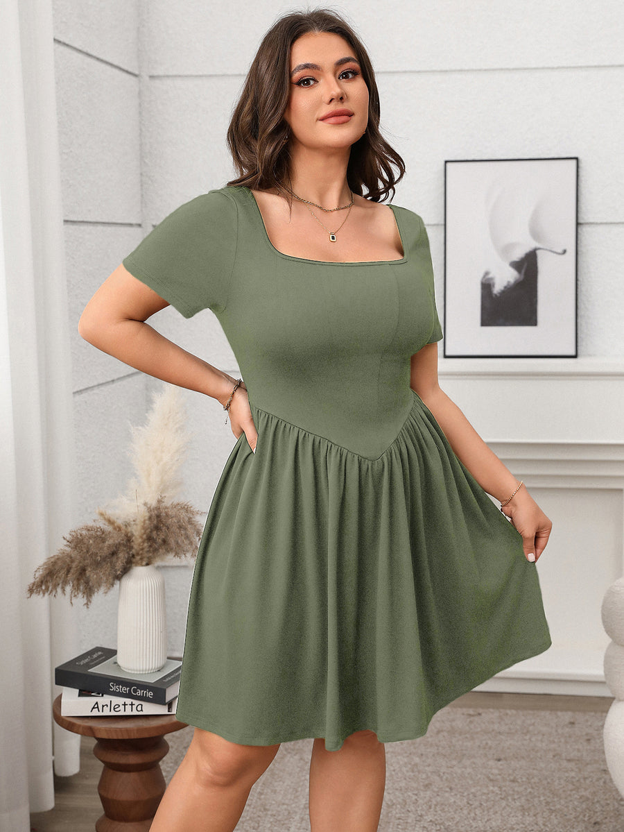 Womens Short-sleeve Square-neck Solid-color Dress