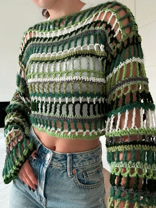 Womens Pullover Ribbed Openwork Blouse - Trendy & Stylish
