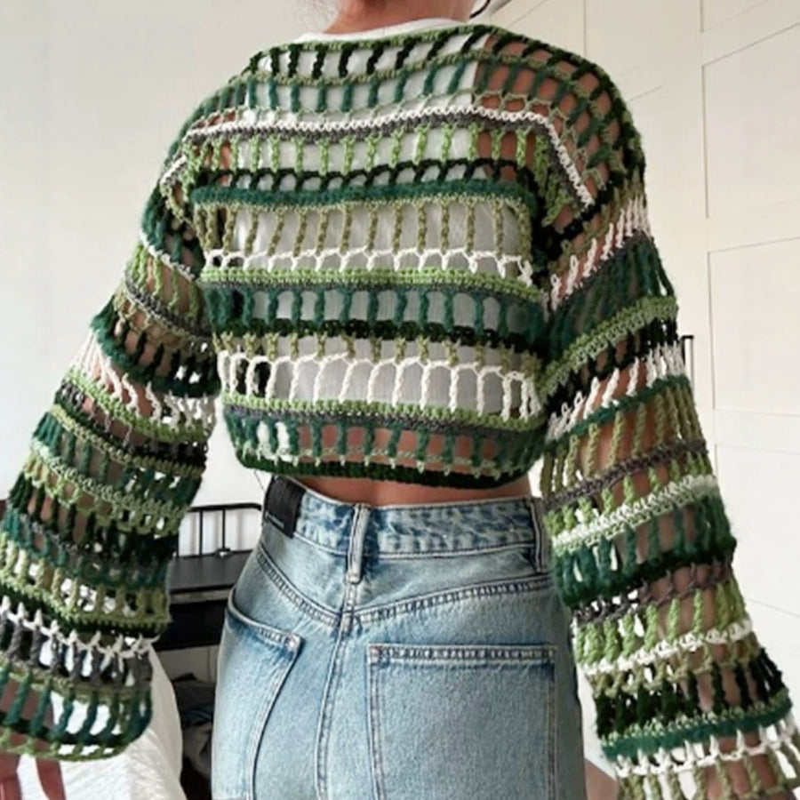 Womens Pullover Ribbed Openwork Blouse - Trendy & Stylish