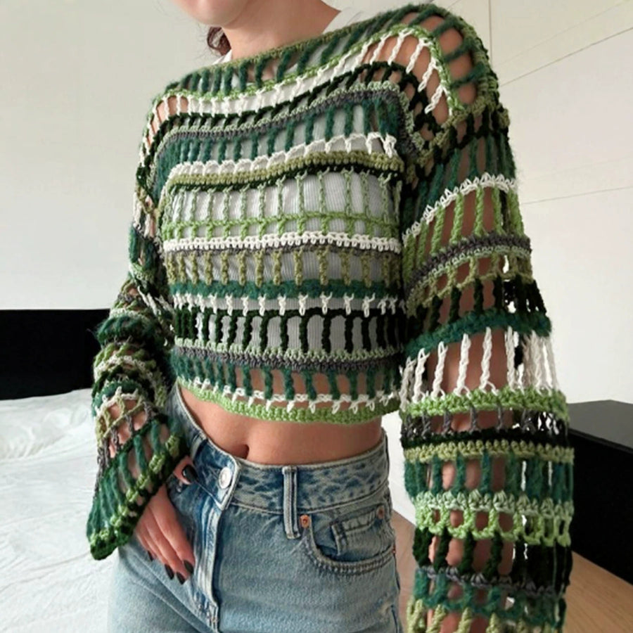 Womens Pullover Ribbed Openwork Blouse - Trendy & Stylish