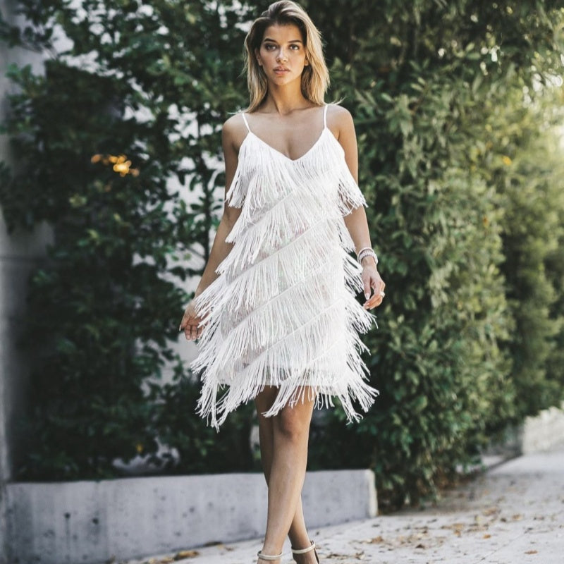 Womens Tassel V-Neck Mesh Dress for Effortless Style