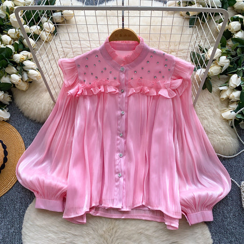 Commuter-style Yellow Ruffled Beaded Lantern-sleeve Blouse