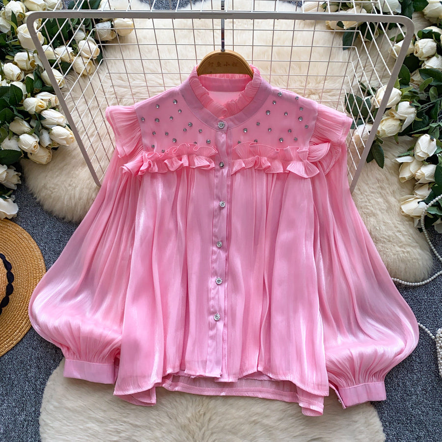 Commuter-style Yellow Ruffled Beaded Lantern-sleeve Blouse