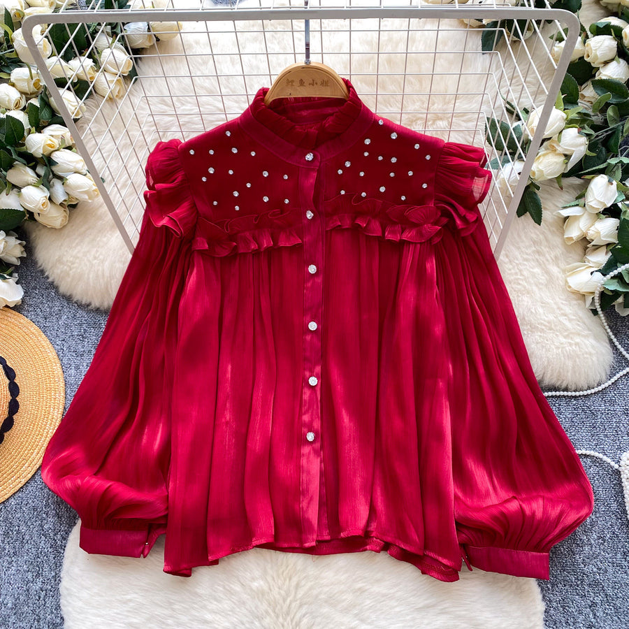 Commuter-style Yellow Ruffled Beaded Lantern-sleeve Blouse