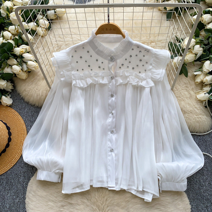 Commuter-style Yellow Ruffled Beaded Lantern-sleeve Blouse