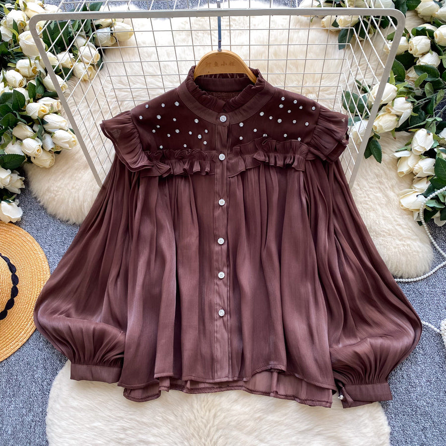 Commuter-style Yellow Ruffled Beaded Lantern-sleeve Blouse