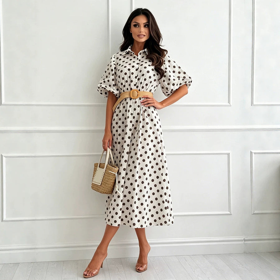 Womens Polka-dot Midi Dress With Three-quarter Sleeves