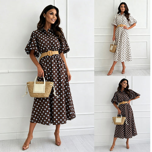 Womens Polka-dot Midi Dress With Three-quarter Sleeves