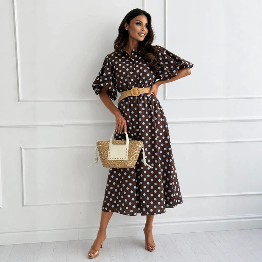 Womens Polka-dot Midi Dress With Three-quarter Sleeves