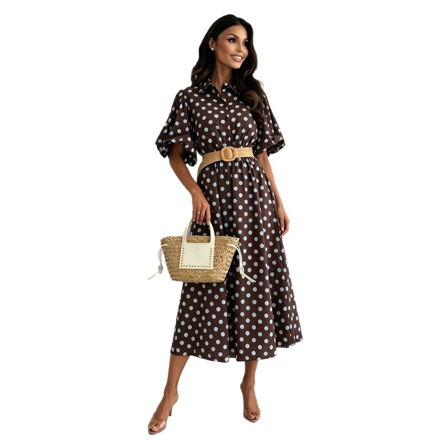 Womens Polka-dot Midi Dress With Three-quarter Sleeves