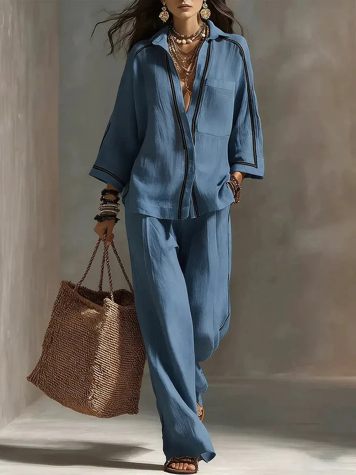 Womens Three-Quarter-Sleeve Blouse and Wide-Leg Pants Set