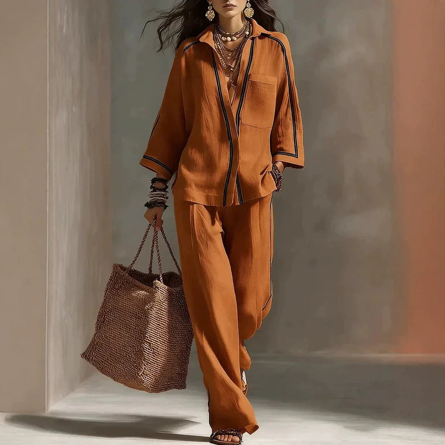 Womens Three-Quarter-Sleeve Blouse and Wide-Leg Pants Set