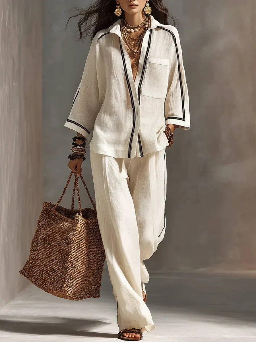 Womens Three-Quarter-Sleeve Blouse and Wide-Leg Pants Set