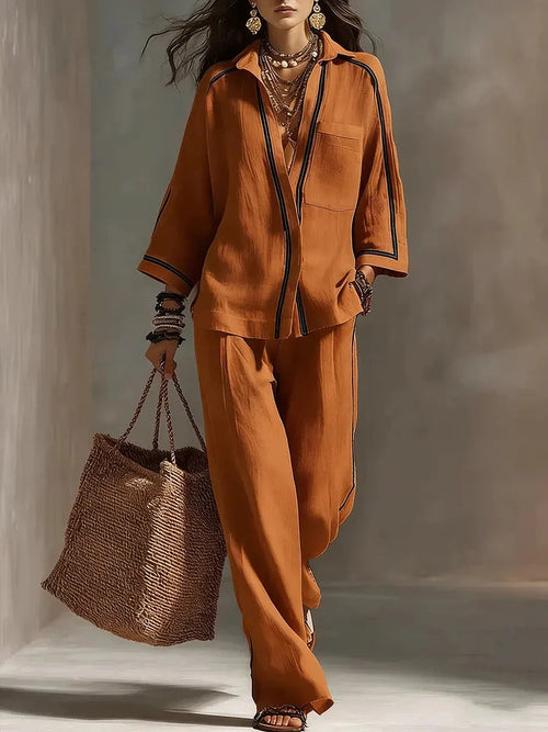 Womens Three-Quarter-Sleeve Blouse and Wide-Leg Pants Set