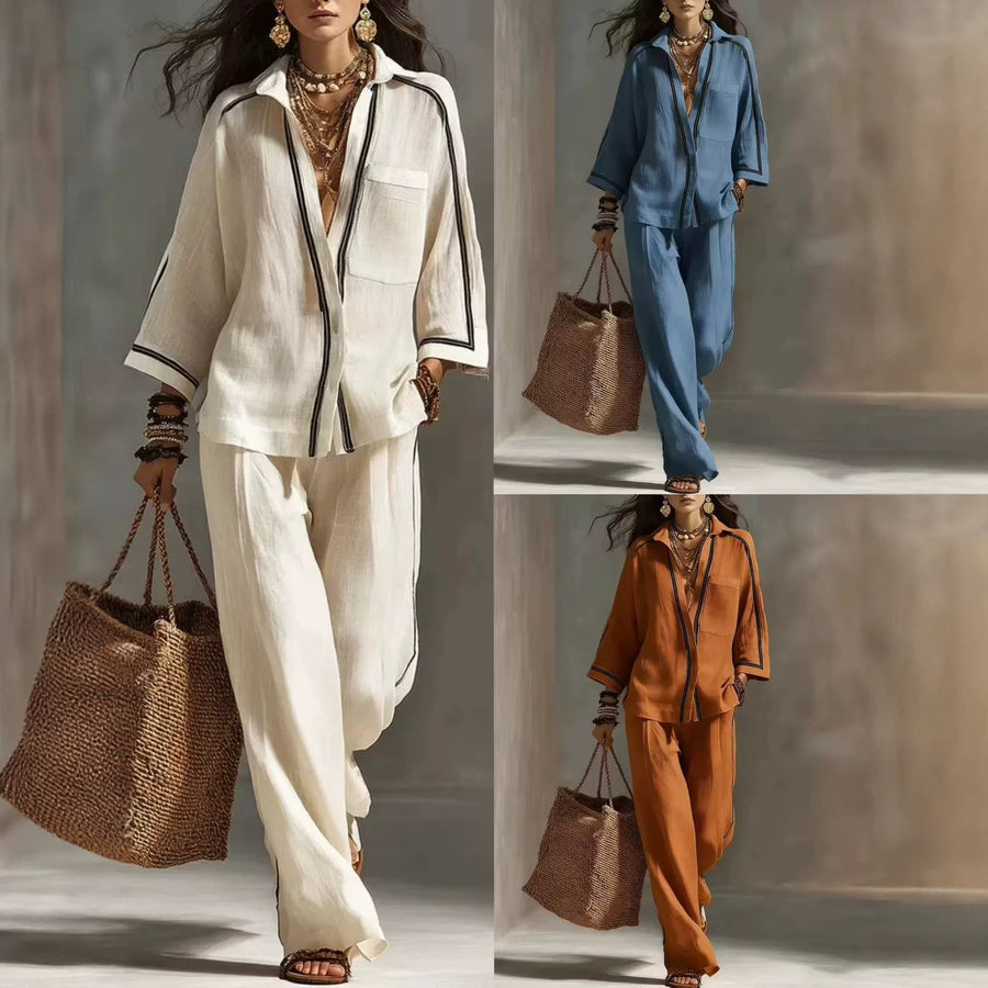 Womens Three-Quarter-Sleeve Blouse and Wide-Leg Pants Set