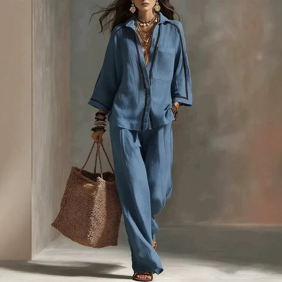 Womens Three-Quarter-Sleeve Blouse and Wide-Leg Pants Set