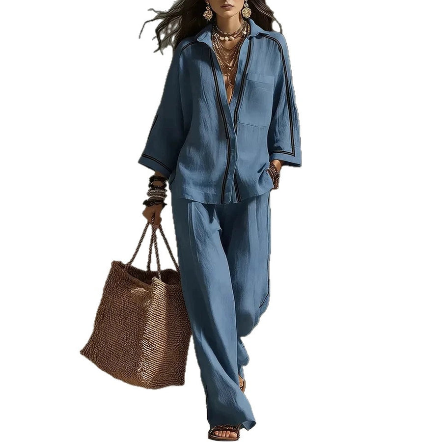Womens Three-Quarter-Sleeve Blouse and Wide-Leg Pants Set