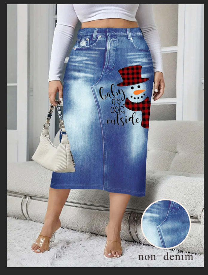 Denim-look Floral-print Bodycon Mini Skirt for Women