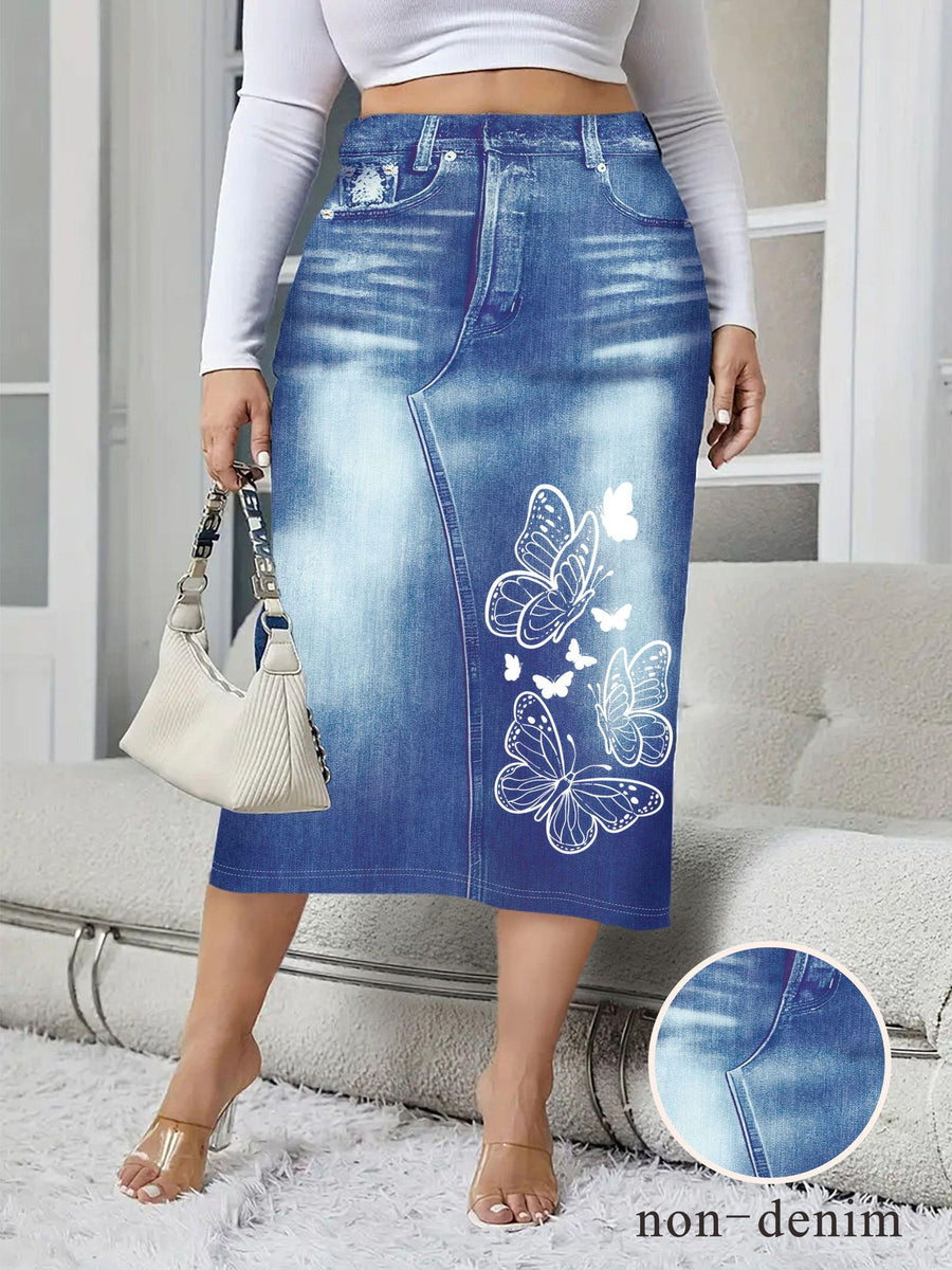 Denim-look Floral-print Bodycon Mini Skirt for Women