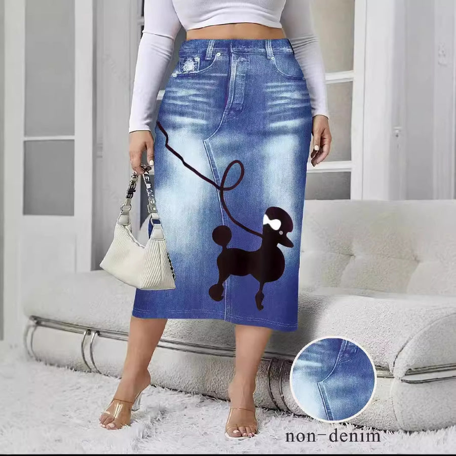 Denim-look Floral-print Bodycon Mini Skirt for Women