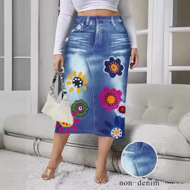 Denim-look Floral-print Bodycon Mini Skirt for Women