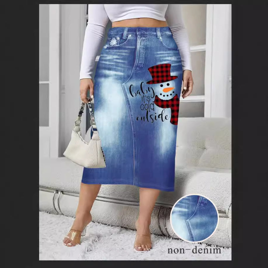 Denim-look Floral-print Bodycon Mini Skirt for Women